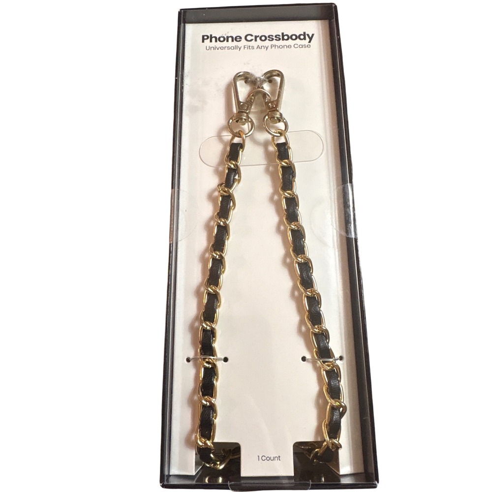 Universal Phone Crossbody Chain Strap Gold Tone Black Leather Inset New